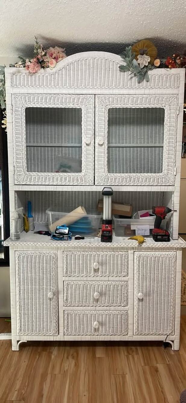 White Wicker Storage Display Hutch Cabinet